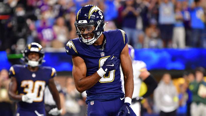 Oct 23, 2025; Inglewood, California, USA; Los Angeles Chargers wide receiver Tre' Harris (9) reacts after making a touchdown catch against the Minnesota Vikings during the second half at SoFi Stadium. Mandatory Credit: Gary A. Vasquez-Imagn Images
