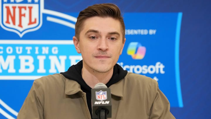Feb 25, 2025; Indianapolis, IN, USA; Jacksonville Jaguars general manger James Gladstone speaks during the NFL Scouting Combine at the Indiana Convention Center. Mandatory Credit: Kirby Lee-Imagn Images