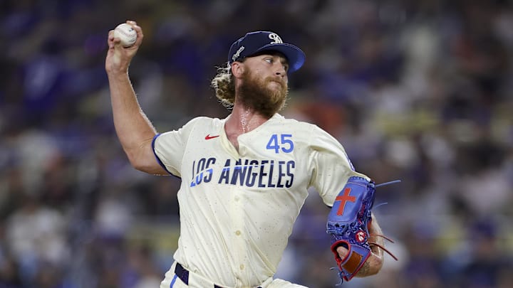 Dodgers relief pitcher Michael Kopech throws during the eighth inning of a baseball game against the San Francisco Giants at Dodger Stadium on June 14.