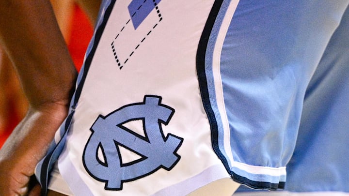 Jan 3, 2026; Dallas, Texas, USA; A view of the North Carolina Tar Heels logo on the shorts of forward Caleb Wilson (8) during the second half against the SMU Mustangs at Moody Coliseum. Mandatory Credit: Jerome Miron-Imagn Images