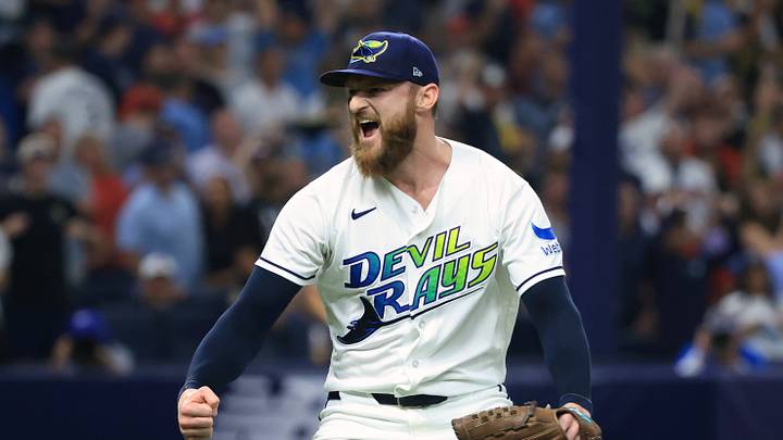 Oct 13, 2026; St. Petersburg, Florida, USA;  Tampa Bay Rays pitcher Bryan Baker (47) celebrates a win against the Cleveland Guardians in game two of the ALCS for the 2026 MLB Playoffs at Tropicana Field.  Mandatory Credit: Kim Klement Neitzel-Imagn Images