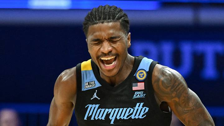 Marquette Golden Eagles guard Kam Jones (1) celebrates after defeating the Butler Bulldogs at Hinkle Fieldhouse on January 28, 2025.