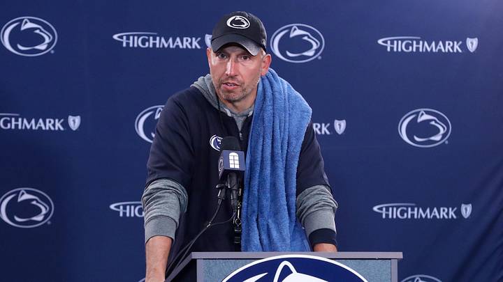Apr 25, 2026; University Park, PA, USA; Penn State Nittany Lions head coach Matt Campbell answers questions from the media following the Penn State Blue-White Spring game at Beaver Stadium. Mandatory Credit: Matthew O'Haren-Imagn Images