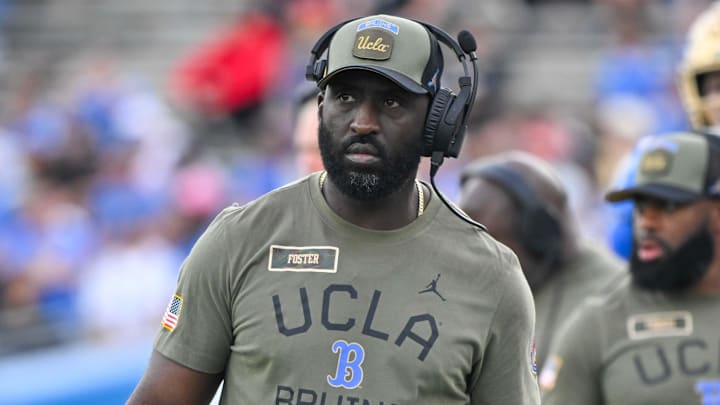 Nov 30, 2024; Pasadena, California, USA; UCLA Bruins head coach DeShaun Foster on the sidelines during the third quarter against the Fresno State Bulldogs at Rose Bowl. Mandatory Credit: Robert Hanashiro-Imagn Images Nov 30, 2024; Pasadena, California, USA; UCLA Bruins head coach DeShaun Foster on the sidelines during the third quarter against the Fresno State Bulldogs at Rose Bowl. Mandatory Credit: Robert Hanashiro-Imagn Images