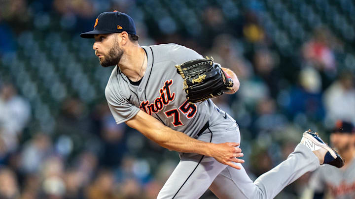 Apr 2, 2025; Seattle, Washington, USA;  Detroit Tigers reliever Brenan Hanifee (75) delivers a pitch during the sixth inning against the Seattle Mariners at T-Mobile Park. 