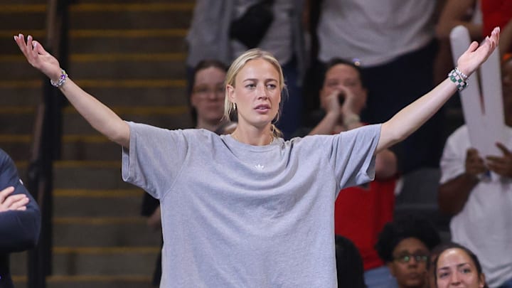 Sep 14, 2025; College Park, Georgia, USA; Indiana Fever guard Sophie Cunningham (8) reacts to a call against the Atlanta Dream in the fourth quarter during game one of round one for the 2025 WNBA Playoffs at Gateway Center Arena at College Park. Mandatory Credit: Brett Davis-Imagn Images
