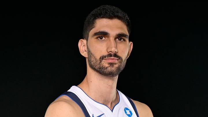 Sep 25, 2026; Dallas, TX, USA; Dallas Mavericks forward/center Santi Aldama (34) poses for a photo during the Mavericks media day at American Airlines Center. Mandatory Credit: Jerome Miron-Imagn Images