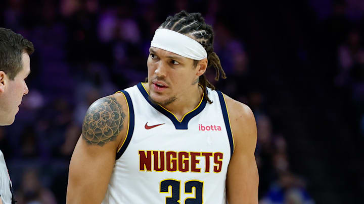 Nov 11, 2025; Sacramento, California, USA; Denver Nuggets forward Aaron Gordon (32) argues a call with a referee during the second quarter against the Sacramento Kings at Golden 1 Center.