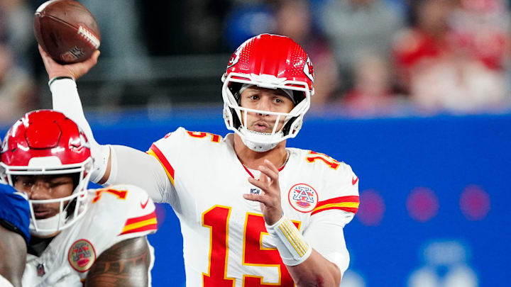 Kansas City Chiefs quarterback Patrick Mahomes (15) throws to a teammate, Sunday, September 21, 2025.
