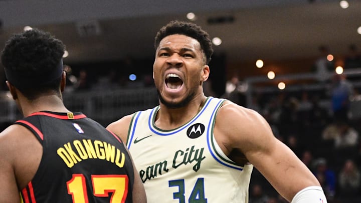 Milwaukee Bucks forward Giannis Antetokounmpo (34) reacts after scoring a basket in the first quarter against the Atlanta Hawks at Fiserv Forum on March 4, 2026.