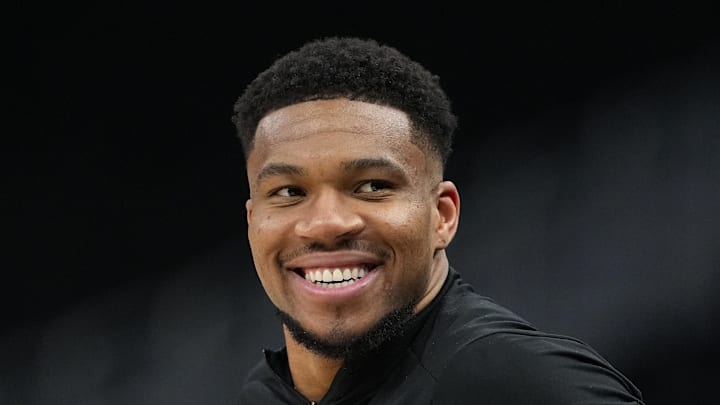 Milwaukee Bucks forward Giannis Antetokounmpo looks on during warmups prior to the game against the Brooklyn Nets at Fiserv Forum on April 10, 2026.