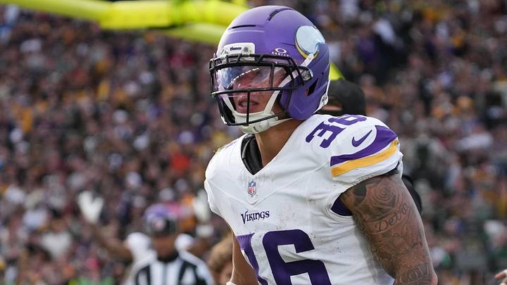 Sep 28, 2025; Dublin, Ireland; Minnesota Vikings running back Zavier Scott (36) reacts after catching a touchdown past during the fourth quarter against the Pittsburgh Steelers during an NFL International Series game at Croke Park. Mandatory Credit: Kirby Lee-Imagn Images