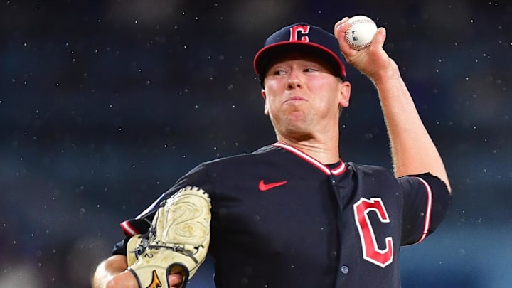 Mar 31, 2026; Los Angeles, California, USA; Cleveland Guardians pitcher Kolby Allard (49) throws against the Los Angeles Dodgers during the fifth inning at Dodger Stadium. Mandatory Credit: Gary A. Vasquez-Imagn Images