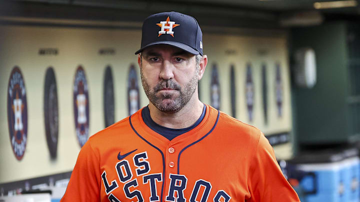 Sep 20, 2024; Houston, Texas, USA; Houston Astros starting pitcher Justin Verlander (35) walks in the dugout before the game against the Los Angeles Angels at Minute Maid Park