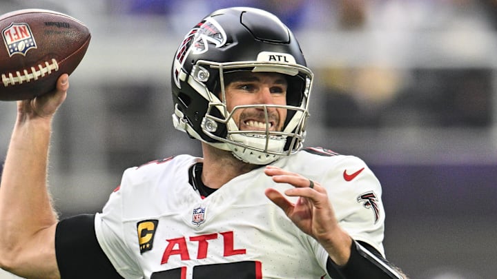 Dec 8, 2024; Minneapolis, Minnesota, USA; Atlanta Falcons quarterback Kirk Cousins (18) throws a pass against the Minnesota Vikings during the second quarter at U.S. Bank Stadium. Mandatory Credit: Jeffrey Becker-Imagn Images