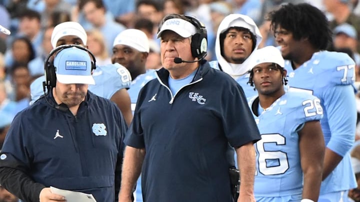 Nov 22, 2025; Chapel Hill, North Carolina, USA; North Carolina Tar Heels head coach Bill Belichick watches play during the first half against the Duke Blue Devils at Kenan Stadium. Mandatory Credit: William Howard-Imagn Images