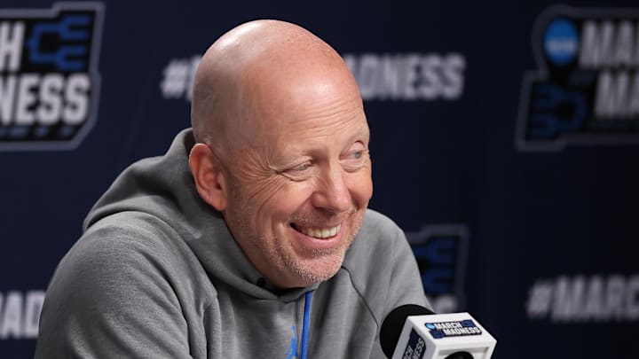 Mar 19, 2026; Philadelphia, PA, USA; UCLA Bruins head coach Mick Cronin speaks with the media before a practice session ahead of the first round of the men's 2026 NCAA Tournament at Xfinity Mobile Arena. Mandatory Credit: Bill Streicher-Imagn Images