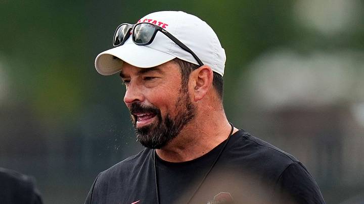 Ohio State Buckeyes head coach Ryan Day speaks to his players during the third day of training camp at the Woody Hayes Athletic Center on Aug. 8, 2026 in Columbus, Ohio. Ohio State Buckeyes head coach Ryan Day speaks to his players during the third day of training camp at the Woody Hayes Athletic Center on Aug. 8, 2026 in Columbus, Ohio.