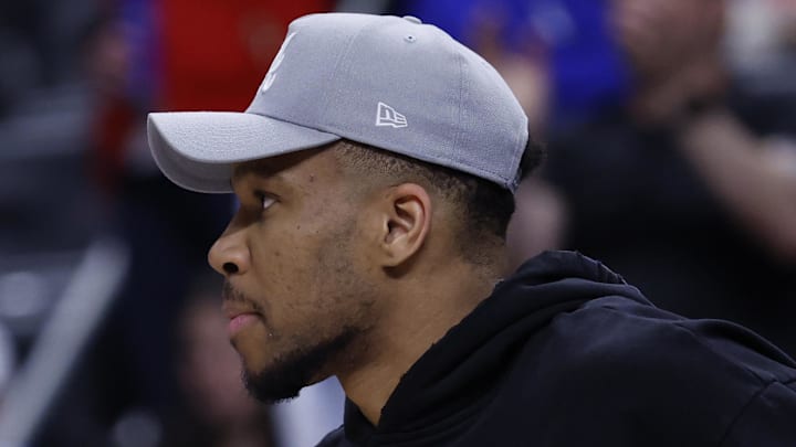 Milwaukee Bucks forward Giannis Antetokounmpo (34) looks on in the second half against the Detroit Pistons at Little Caesars Arena on April 08, 2026.