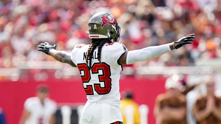 Tampa Bay Buccaneers safety Ryan Neal (23) reacts after Tennessee Titans place kicker Nick Folk missed a field goal during the second quarter at Raymond James Stadium in Tampa, Fla., Sunday, Nov. 12, 2023. Tampa Bay Buccaneers safety Ryan Neal (23) reacts after Tennessee Titans place kicker Nick Folk missed a field goal during the second quarter at Raymond James Stadium in Tampa, Fla., Sunday, Nov. 12, 2023.