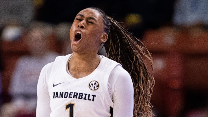Mar 6, 2025; Greenville, SC, USA; Vanderbilt Commodores guard Mikayla Blakes (1) celebrates against the Tennessee Lady Vols during the first half at Bon Secours Wellness Arena. Mandatory Credit: Scott Kinser-Imagn Images