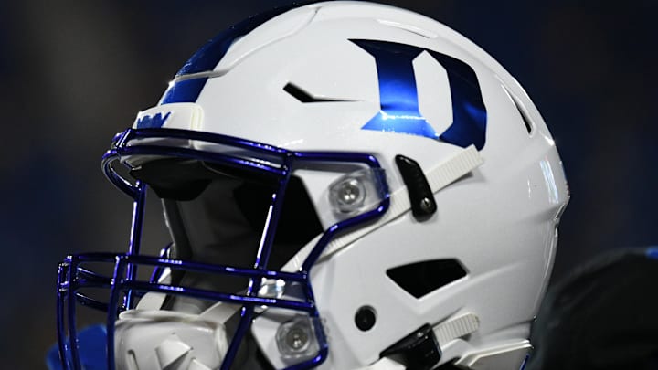 Sep 10, 2021; Durham, North Carolina, USA; A Duke Blue Devils helmet sits on an equipment chest during the third quarter of the game against the North Carolina A&T Aggies at Wallace Wade Stadium. Mandatory Credit: William Howard-Imagn Images