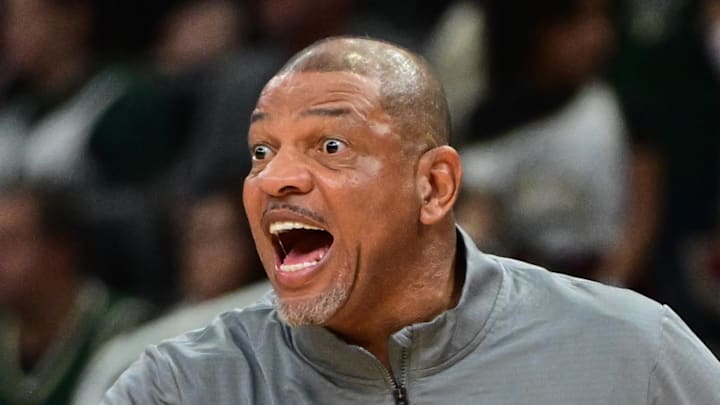 Milwaukee Bucks head coach Doc Rivers reacts in the fourth quarter against the Chicago Bulls at Fiserv Forum on October 14, 2024.
