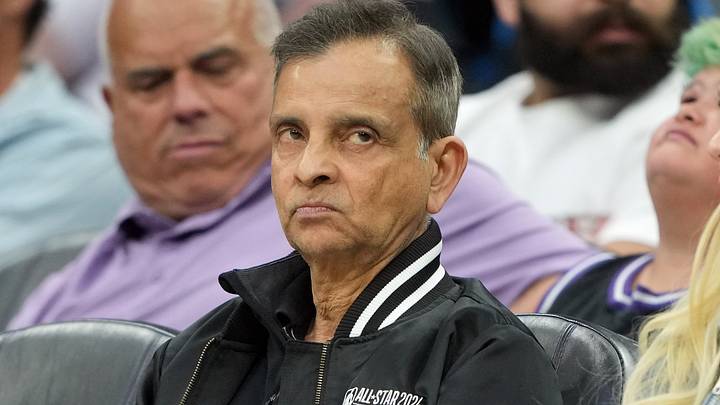 Apr 5, 2026; Sacramento, California, USA; Sacramento Kings chairman Vivek Ranadive (center) sits courtside during the second quarter against the LA Clippers at Golden 1 Center. Mandatory Credit: Darren Yamashita-Imagn Images