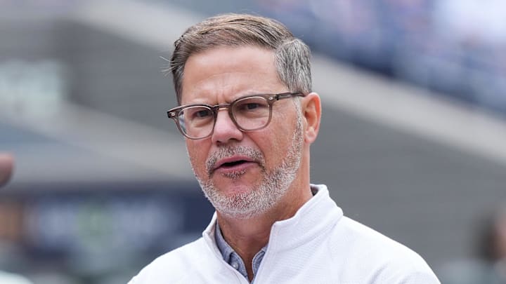 Oct 13, 2025; Toronto, Ontario, CAN; Toronto Blue Jays general manager Ross Atkins talks with the media during batting practice between the Toronto Blue Jays and Seattle Mariners before game two of the ALCS round for the 2025 MLB playoffs at Rogers Centre. Oct 13, 2025; Toronto, Ontario, CAN; Toronto Blue Jays general manager Ross Atkins talks with the media during batting practice between the Toronto Blue Jays and Seattle Mariners before game two of the ALCS round for the 2025 MLB playoffs at Rogers Centre.