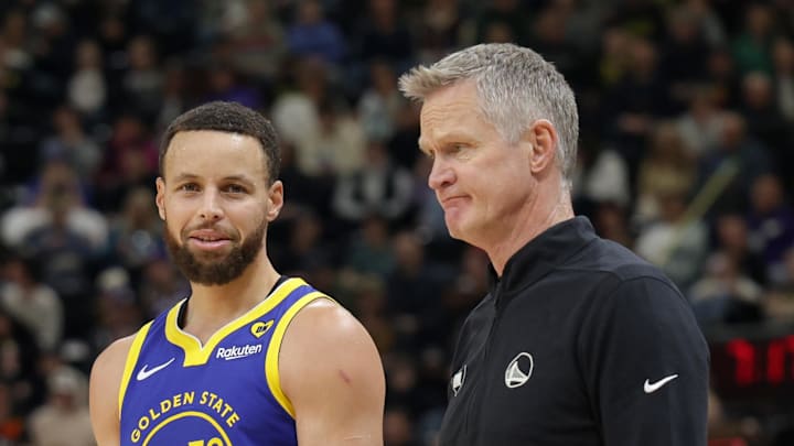 Stephen Curry and Steve Kerr during the Warriors' 140–137 win over the Jazz on Feb. 15, 2024. Stephen Curry and Steve Kerr during the Warriors' 140–137 win over the Jazz on Feb. 15, 2024.