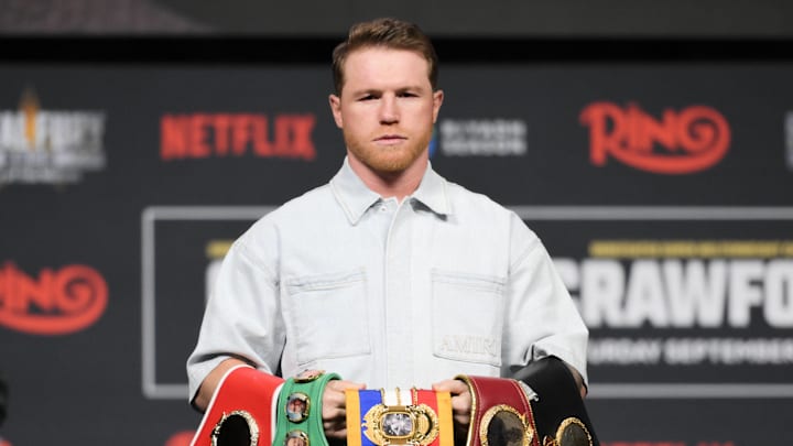 CANELO ALVAREZ during a June 26, 2025 press conference. CANELO ALVAREZ during a June 26, 2025 press conference.