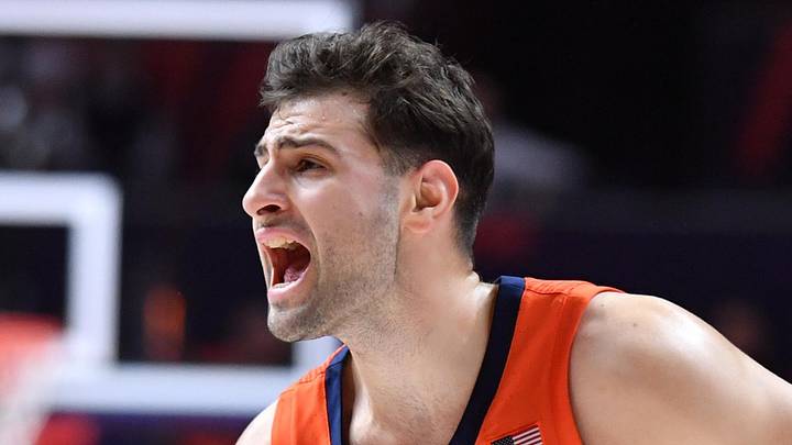 Nov 24, 2025; Champaign, Illinois, USA; Illinois Fighting Illini guard Mihailo Petrovic (77) yells instructions to teammates during the second half against the UT Rio Grande Valley Vaqueros at State Farm Center. Nov 24, 2025; Champaign, Illinois, USA; Illinois Fighting Illini guard Mihailo Petrovic (77) yells instructions to teammates during the second half against the UT Rio Grande Valley Vaqueros at State Farm Center.