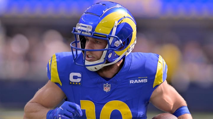 Oct 15, 2023; Inglewood, California, USA; Los Angeles Rams wide receiver Cooper Kupp (10) runs after a catch against the Arizona Cardinals during the first half at SoFi Stadium. Mandatory Credit: Alex Gallardo-Imagn Images