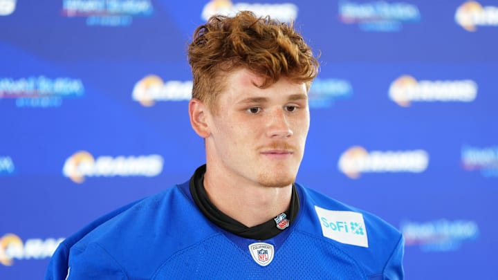 May 28, 2025; Woodland Hills, CA, USA; Los Angeles Rams tight end Terrance Ferguson (18) at press conference during organized team activities at Rams Practice Facility. Mandatory Credit: Kirby Lee-Imagn Images