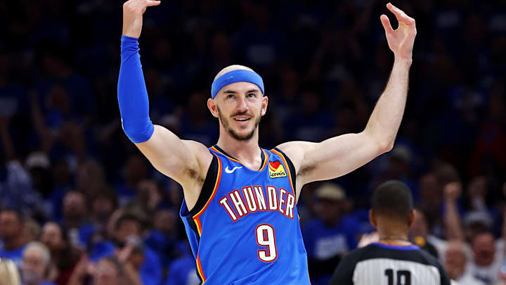 May 28, 2025; Oklahoma City, Oklahoma, USA; Oklahoma City Thunder guard Alex Caruso (9) celebrates after a play during the second quarter against the Minnesota Timberwolves in game five of the western conference finals for the 2025 NBA Playoffs at Paycom Center. Mandatory Credit: Alonzo Adams-Imagn Images