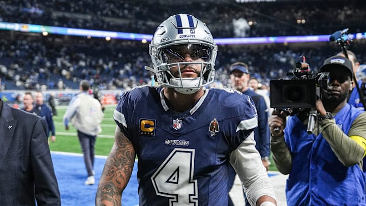 Dallas Cowboys quarterback Dak Prescott walks off the field after 44-30 loss at Ford Field to the Detroit Lions.