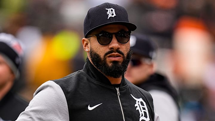 Detroit Tigers second baseman Gleyber Torres walks off the field as the team celebrate 7-4 win over Chicago White Sox during home opening day at Comerica Park in Detroit on Friday, April 4, 2025