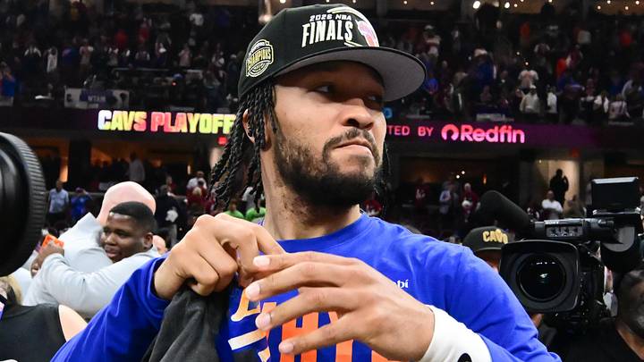 May 25, 2026; Cleveland, Ohio, USA;New York Knicks guard Jalen Brunson (11) looks on after defeating the Cleveland Cavaliers in game four of the eastern conference finals for the 2026 NBA playoffs at Rocket Arena. Mandatory Credit: Ken Blaze-Imagn Images