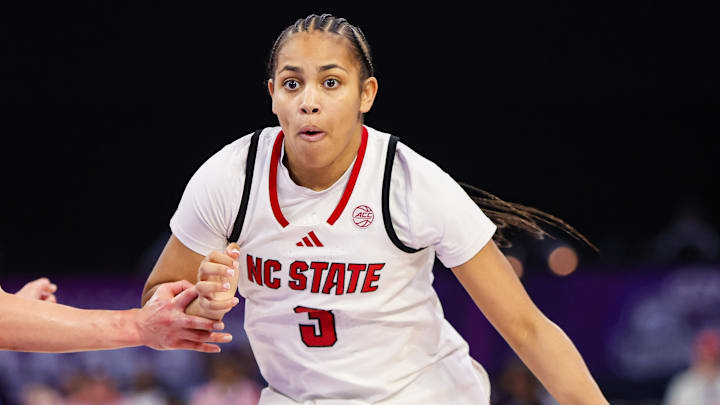Mar 6, 2026; Duluth, GA, USA; North Carolina State Wolfpack guard Zamareya Jones (3) drives to the basket against the Notre Dame Fighting Irish in the fourth quarter at Gas South Arena. Mandatory Credit: Brett Davis-Imagn Images Mar 6, 2026; Duluth, GA, USA; North Carolina State Wolfpack guard Zamareya Jones (3) drives to the basket against the Notre Dame Fighting Irish in the fourth quarter at Gas South Arena. Mandatory Credit: Brett Davis-Imagn Images