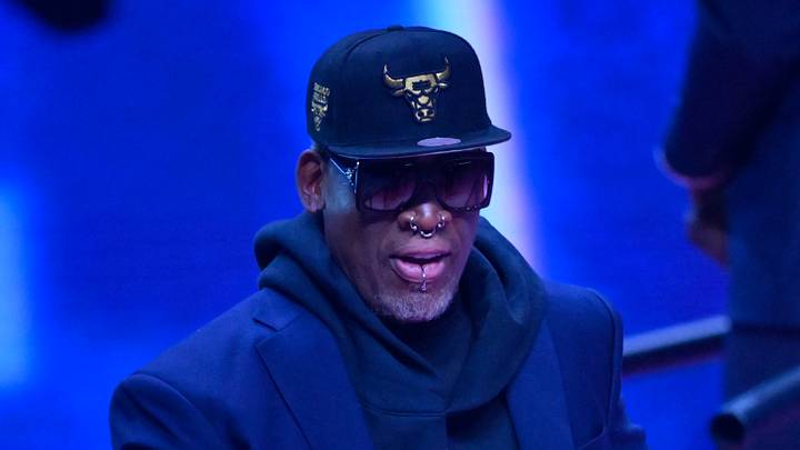 Feb 20, 2022; Cleveland, Ohio, USA; Dennis Rodman is honored during halftime during the 2022 NBA All-Star Game at Rocket Mortgage FieldHouse. Mandatory Credit: David Richard-USA TODAY Sports Feb 20, 2022; Cleveland, Ohio, USA; Dennis Rodman is honored during halftime during the 2022 NBA All-Star Game at Rocket Mortgage FieldHouse. Mandatory Credit: David Richard-USA TODAY Sports
