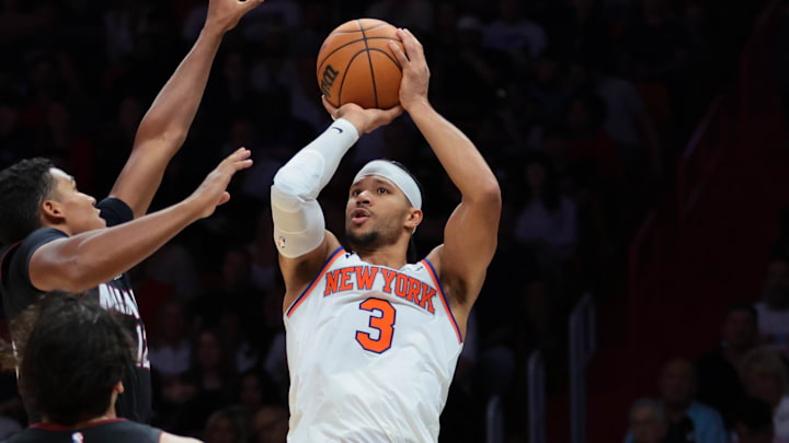 Oct 26, 2025; Miami, Florida, USA; New York Knicks guard Josh Hart (3) shoots the basketball over Miami Heat guard Dru Smith (12) and forward Jaime Jaquez Jr. (11) during the third quarter at Kaseya Center. Mandatory Credit: Sam Navarro-Imagn Images Oct 26, 2025; Miami, Florida, USA; New York Knicks guard Josh Hart (3) shoots the basketball over Miami Heat guard Dru Smith (12) and forward Jaime Jaquez Jr. (11) during the third quarter at Kaseya Center. Mandatory Credit: Sam Navarro-Imagn Images