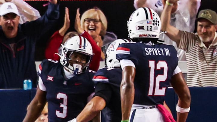 Oct 11, 2025; Tucson, Arizona, USA; Arizona Wildcats running back Kedrick Reescano (3) celebrates a touchdown he made in the fourth quarter of the game against the Brigham Young Cougars at Arizona Stadium. Mandatory Credit: Aryanna Frank-Imagn Images Oct 11, 2025; Tucson, Arizona, USA; Arizona Wildcats running back Kedrick Reescano (3) celebrates a touchdown he made in the fourth quarter of the game against the Brigham Young Cougars at Arizona Stadium. Mandatory Credit: Aryanna Frank-Imagn Images