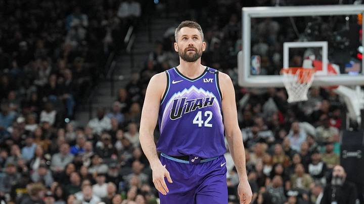 Jan 19, 2026; San Antonio, Texas, USA;  Utah Jazz forward Kevin Love (42) walks up the court in the first half against the San Antonio Spurs at Frost Bank Center. Mandatory Credit: Daniel Dunn-Imagn Images