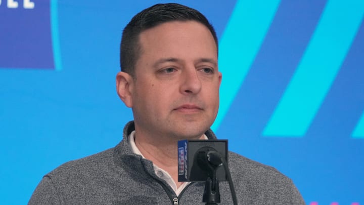 Feb 27, 2024; Indianapolis, IN, USA; New England Patriots director of scouting Eliot Wolf during the NFL Scouting Combine at Indiana Convention Center. Mandatory Credit: Kirby Lee-Imagn Images