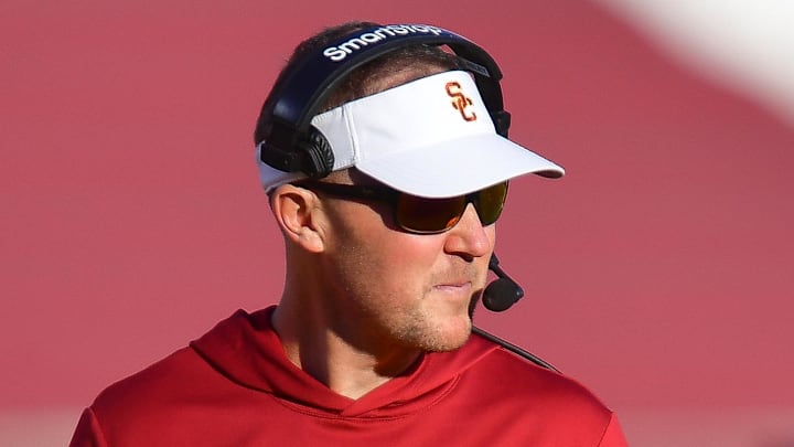 Nov 16, 2024; Los Angeles, California, USA; Southern California Trojans head coach Lincoln Riley watches game action against the Nebraska Cornhuskers during the second half at the Los Angeles Memorial Coliseum. Mandatory Credit: Gary A. Vasquez-Imagn Images