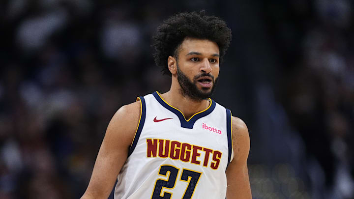 Jan 29, 2026; Denver, Colorado, USA; Denver Nuggets guard Jamal Murray (27) controls the ball in first quarter against the Brooklyn Nets at Ball Arena.
