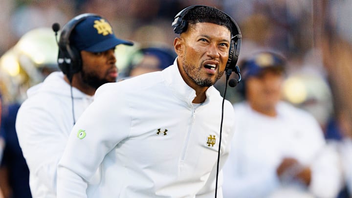 Notre Dame head coach Marcus Freeman looks on in the second half of a NCAA football game against NC State at Notre Dame Stadium on Saturday, Oct. 11, 2025, in South Bend.