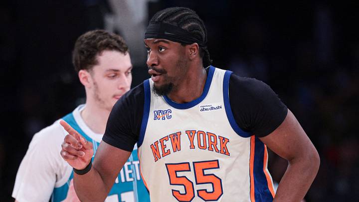 Apr 12, 2026; New York, New York, USA; New York Knicks center Ariel Hukporti (55) reacts after a basket against the Charlotte Hornets during the first half at Madison Square Garden. Mandatory Credit: Vincent Carchietta-Imagn Images Apr 12, 2026; New York, New York, USA; New York Knicks center Ariel Hukporti (55) reacts after a basket against the Charlotte Hornets during the first half at Madison Square Garden. Mandatory Credit: Vincent Carchietta-Imagn Images