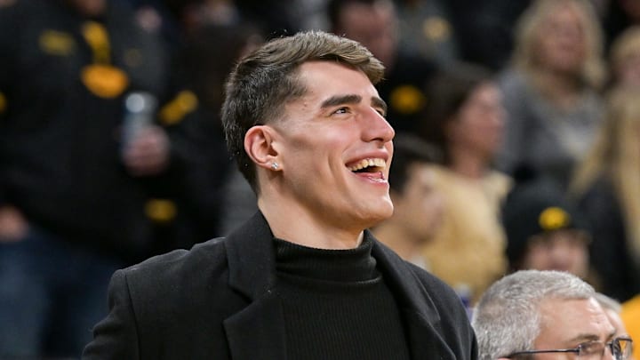 Feb 22, 2022; Iowa City, Iowa, USA; Former Iowa Hawkeyes player Luka Garza looks on before the game against the Michigan State Spartans at Carver-Hawkeye Arena. Garza would be honored during the game. Mandatory Credit: Jeffrey Becker-Imagn Images Feb 22, 2022; Iowa City, Iowa, USA; Former Iowa Hawkeyes player Luka Garza looks on before the game against the Michigan State Spartans at Carver-Hawkeye Arena. Garza would be honored during the game. Mandatory Credit: Jeffrey Becker-Imagn Images