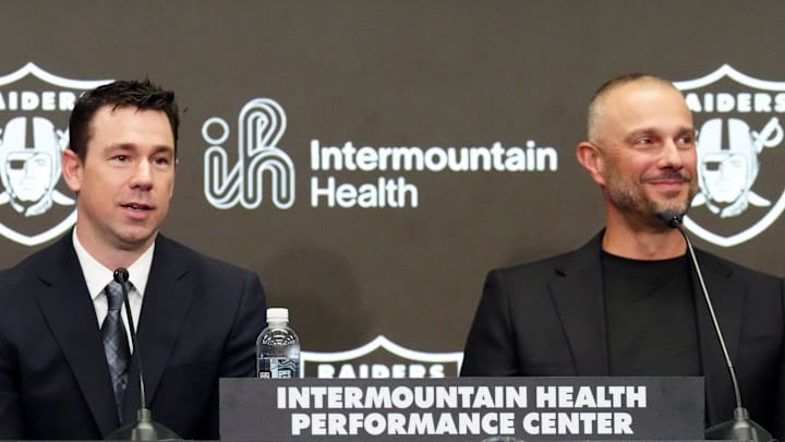 Feb 10, 2026; Henderson, NV, USA; Las Vegas Raiders coach Klint Kubiak (left) and general manager John Spytek at introductory press conference at Intermountain Health Performance Center. Mandatory Credit: Kirby Lee-Imagn Images